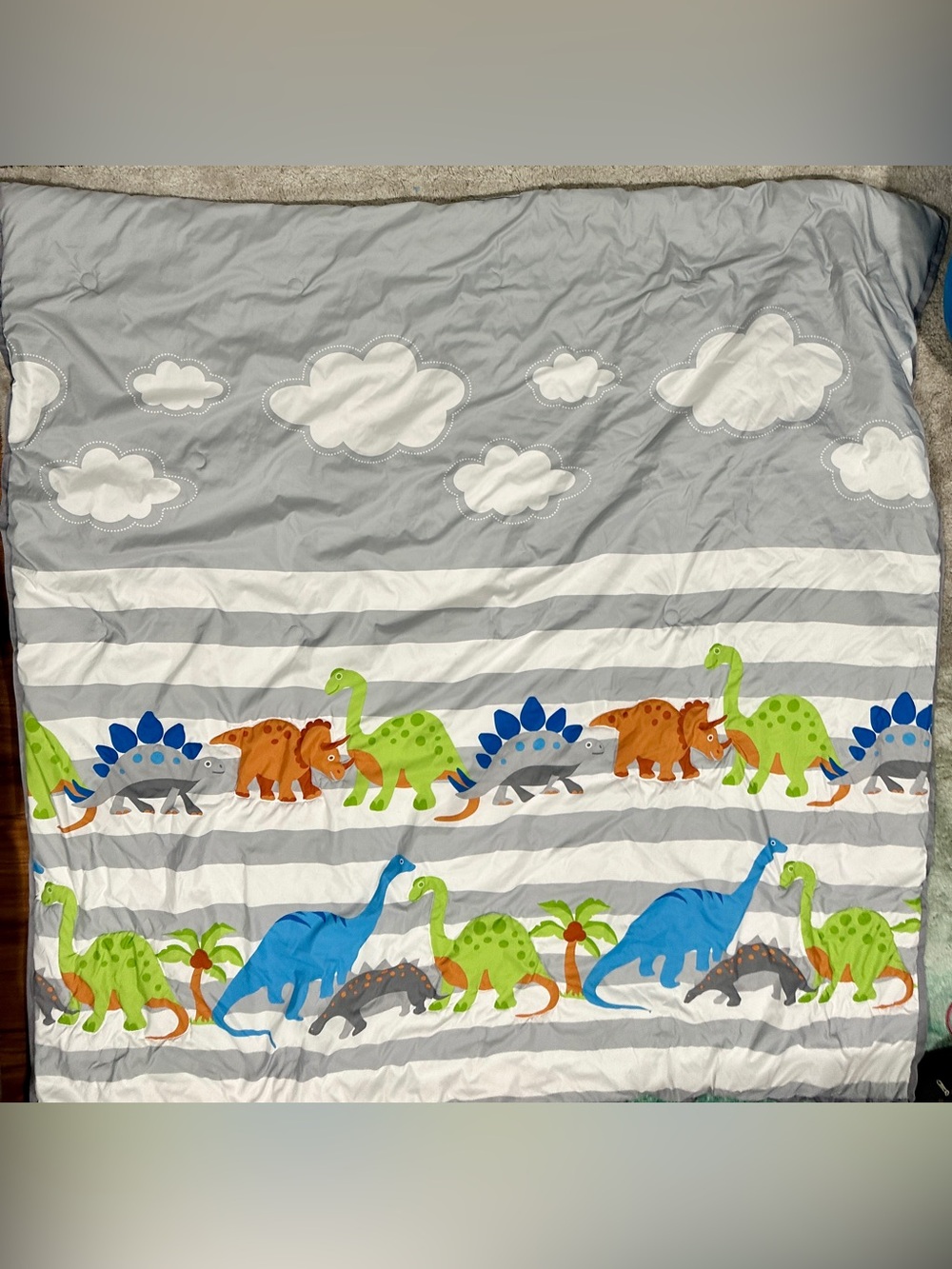 Cute Dinosaur Stripe Kids Comforter in Gray, Green & Blue